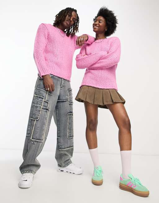 COLLUSION Unisex handknitted open hole jumper in bright pink | ASOS