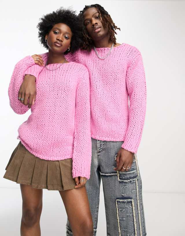 COLLUSION Unisex handknitted open hole sweater in bright pink