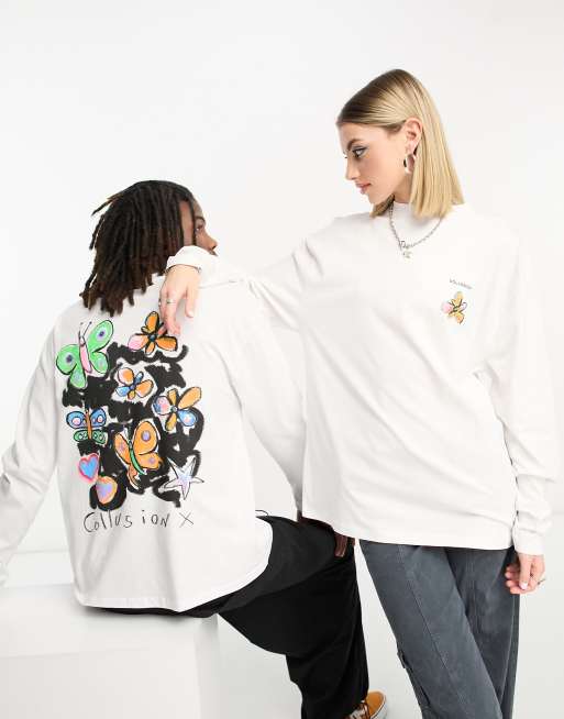 Collusion Unisex handrawn butterfly graphic long sleeve t-shirt in white