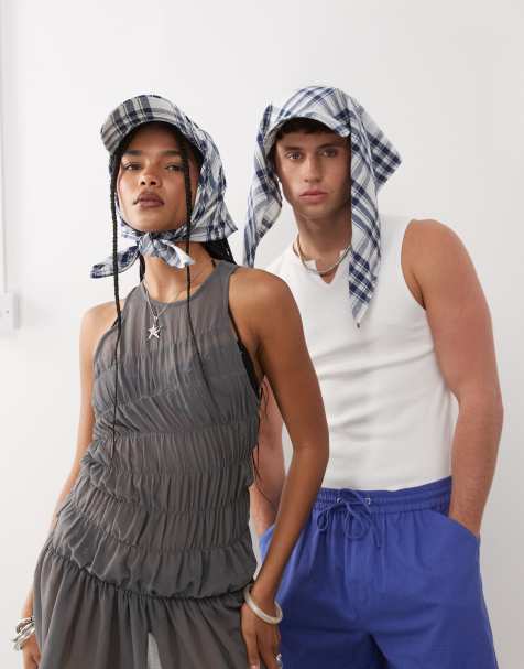 COLLUSION Unisex headscarf with cap detail in blue check - view 1