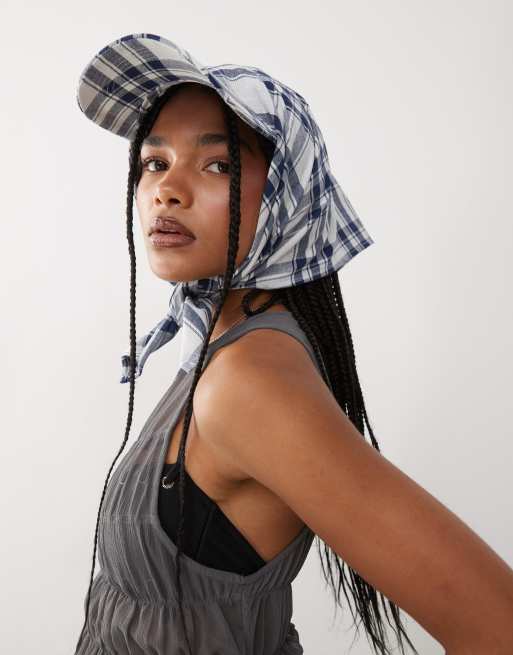 COLLUSION Unisex headscarf with cap detail in blue check