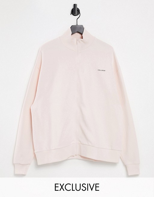 COLLUSION Unisex high neck zip through sweatshirt in pink co-ord