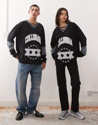 Collusion Unisex Hockey T-shirt With Long Sleeves-black In Black