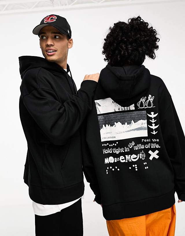 Collusion - unisex hold tight back print oversized hoodie in black