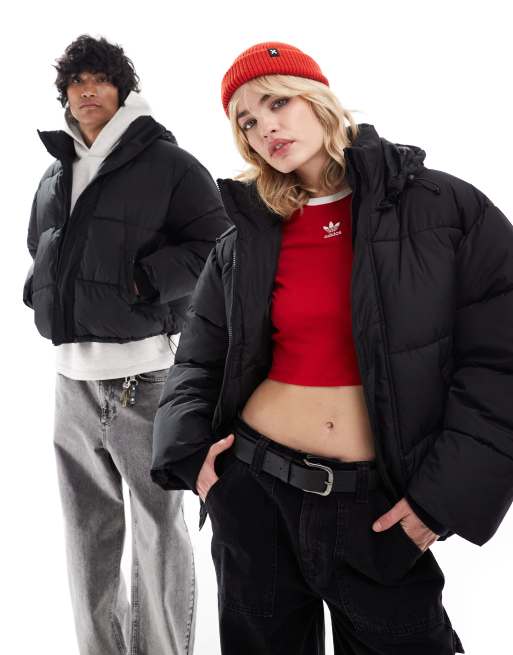 COLLUSION Unisex hooded puffer coat in black