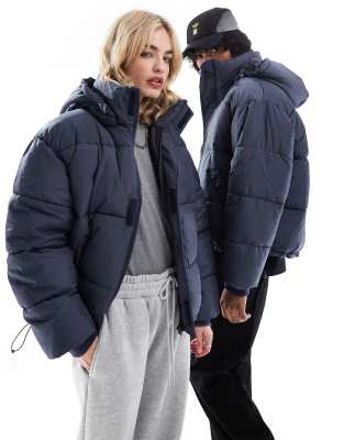 Unisex hooded puffer coat in dark gray