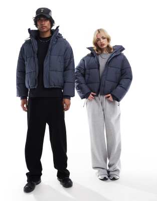 Collusion Unisex Hooded Puffer Coat In Gray