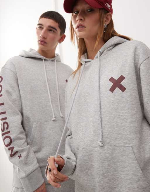 COLLUSION Unisex - Hoodie met bordeauxrode logoprint in gemêleerd grijs, 3 van 4