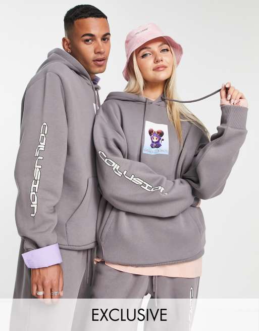 COLLUSION Unisex - Hoodie met leuke print in antraciet, deel van co-ord set