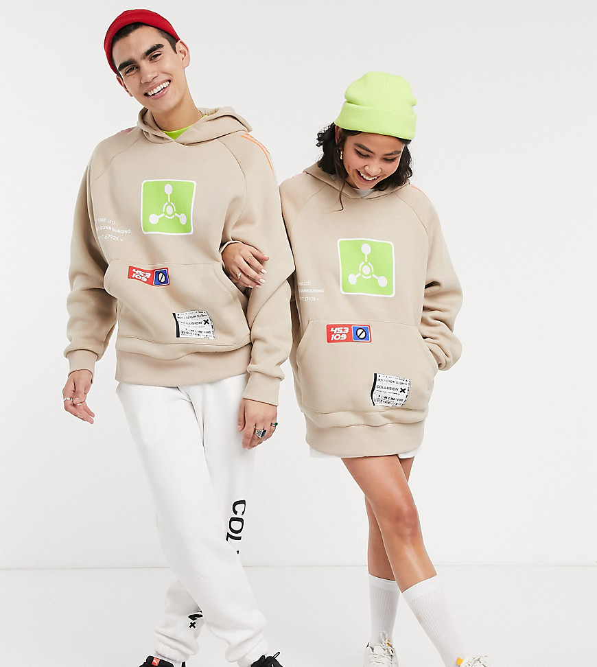 COLLUSION - Unisex hoodie met print-Kiezelkleurig