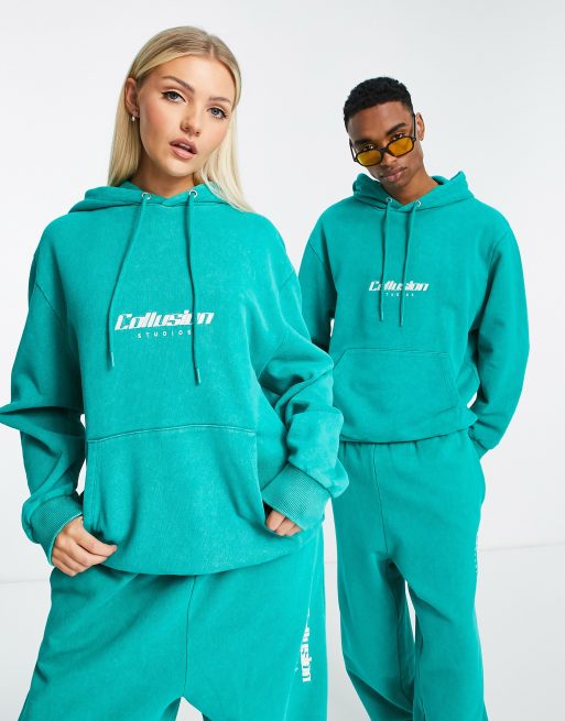 Collusion Unisex Hoodie With Embroidered Logo In Green Acid Wash Part