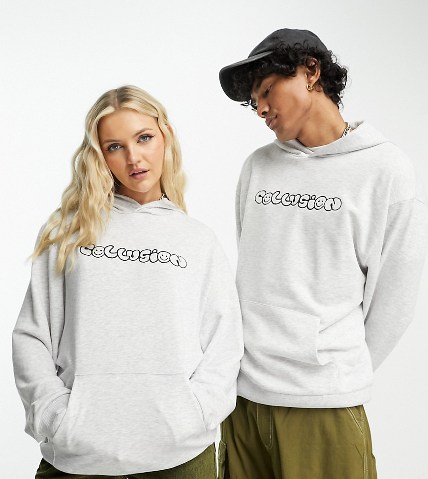 Collusion Unisex Hoodie With Embroidered Logo Smile Print In Gray Heather