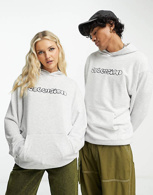 COLLUSION Unisex hoodie with embroidered logo smile print in grey marl