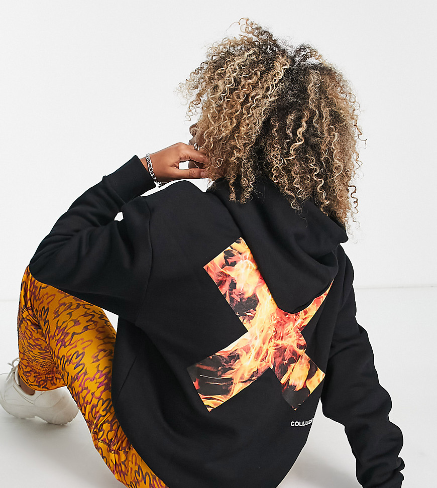 Collusion Unisex Hoodie With Flame Logo Print-black