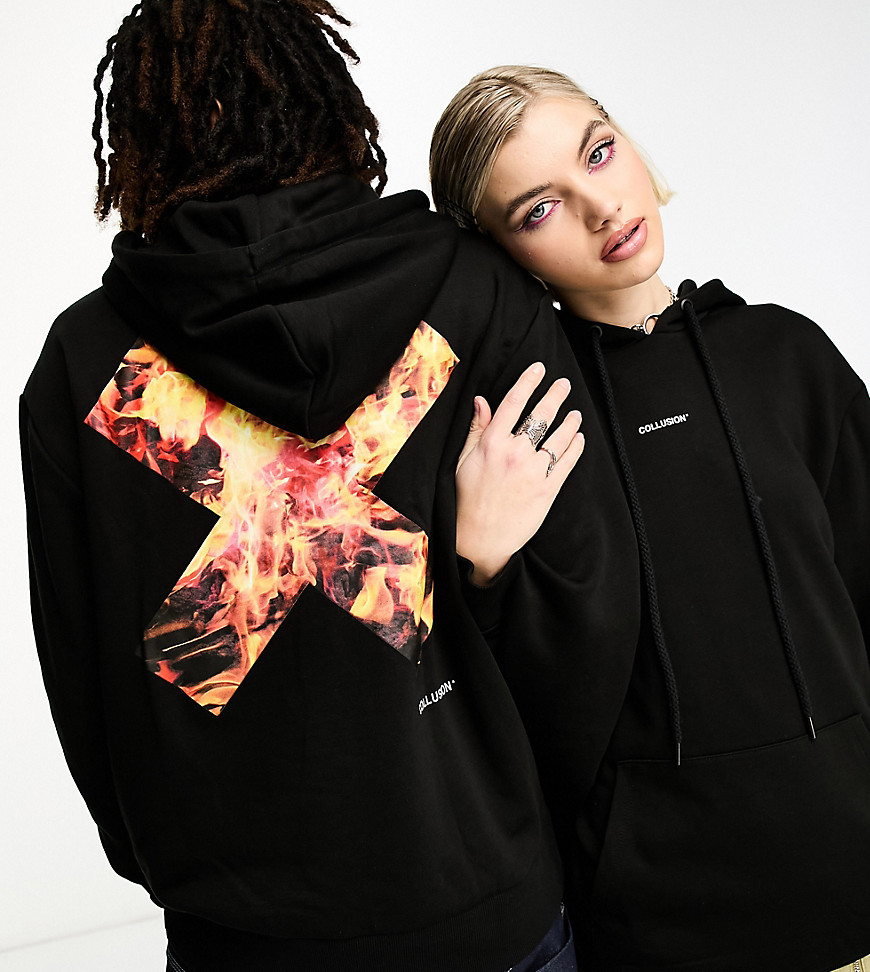 COLLUSION Unisex hoodie with flame logo print-Black