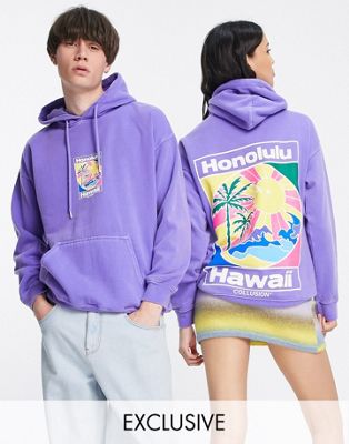 COLLUSION Unisex hoodie with Hawaii print in purple