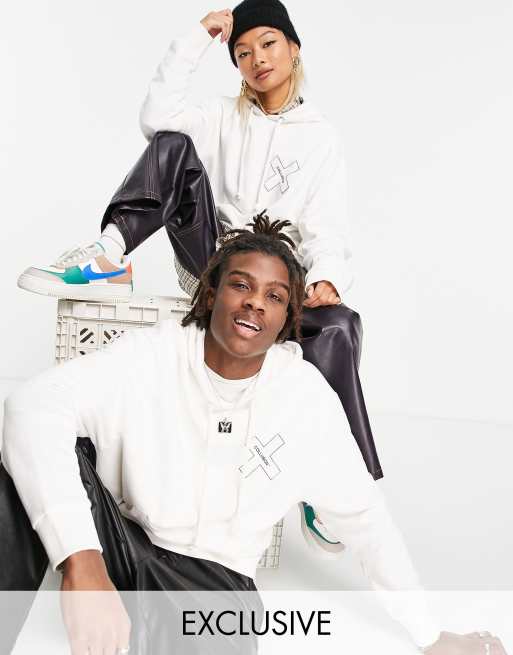 COLLUSION Unisex hoodie with high build logo print in ecru (part of a set)