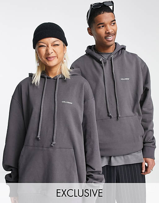 Women COLLUSION Unisex hoodie with logo print in charcoal 