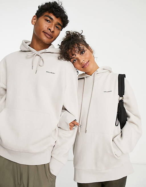 COLLUSION Unisex hoodie with logo print in ecru | ASOS