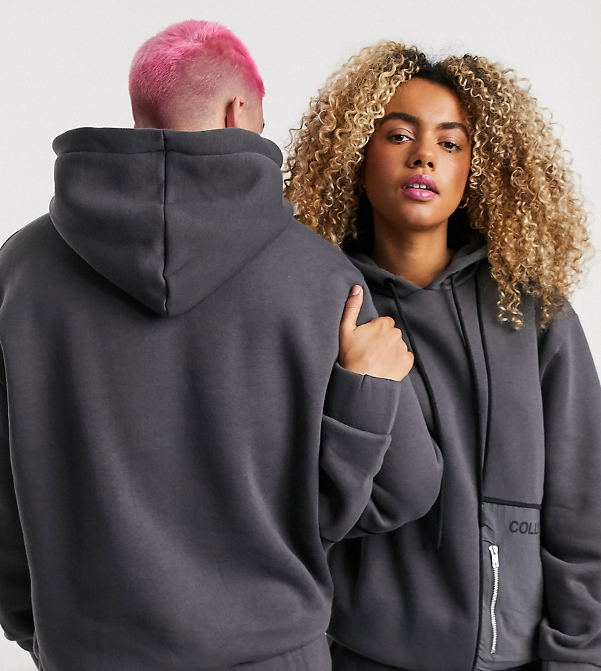 COLLUSION Unisex hoodie with nylon pocket and stitch detail-Grey
