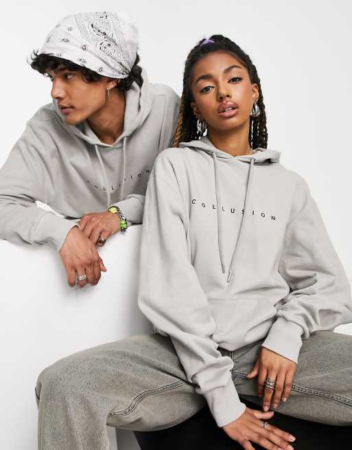 COLLUSION Unisex hoodie with text print in gray GRAY part of a set