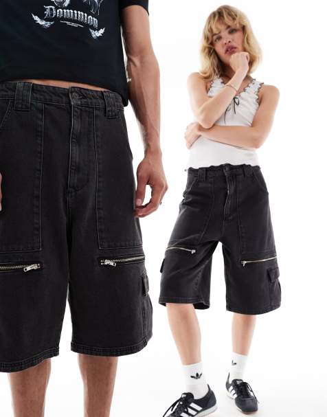 COLLUSION Unisex iconic festival skater jorts with pockets and buckle details in washed black - view 1