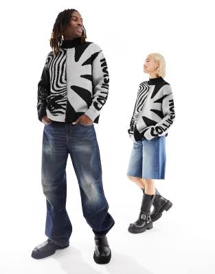 COLLUSION Unisex - Jacquard-Pullover mit Markenaufdruck und geteiltem Muster in Schwarz und Grau