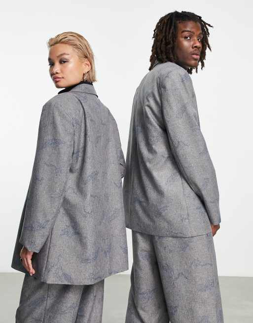 COLLUSION Unisex – Jasnoszara marynarka oversize we wzór w kolorze niebieskim, 2 z 4