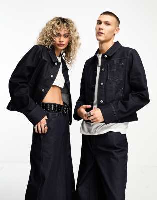 COLLUSION Unisex - Jeansjacke aus unbehandeltem Denim, Kombiteil-Blau