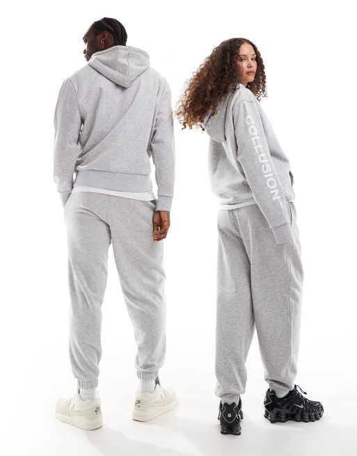 COLLUSION Unisex - Joggers grigio mélange con logo in coordinato, 5 di 5