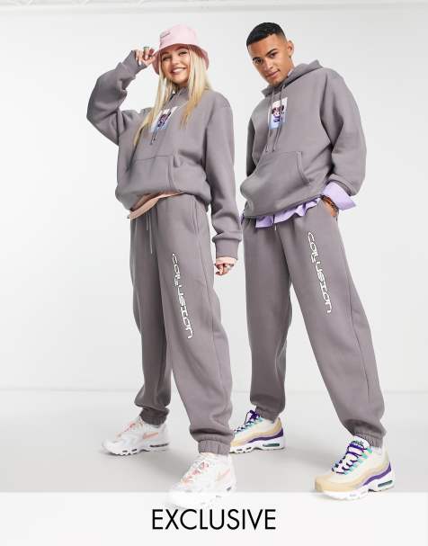 COLLUSION Unisex joggers with cute print in charcoal co-ord - view 1
