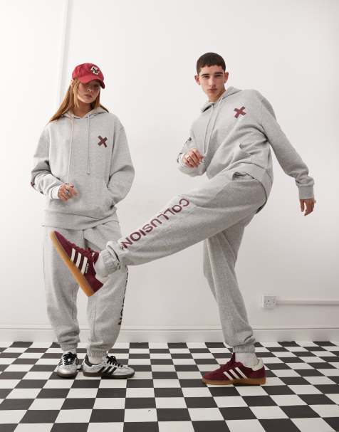 COLLUSION Unisex - Joggingbroek met bordeauxrode logoprint in gemêleerd grijs - view 1