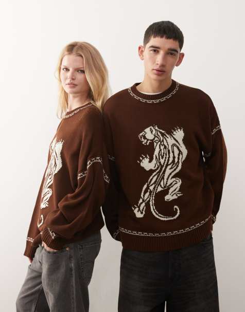 COLLUSION Unisex jumper in chocolate brown with panther graphic - view 1