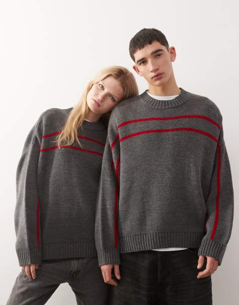 COLLUSION Unisex jumper in grey with red stripe - view 1