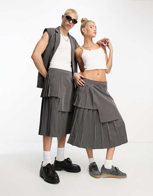 COLLUSION Unisex - Jupe kilt longue d'ensemble à fines rayures - Gris foncé