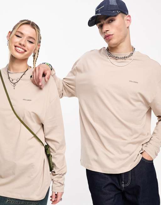 COLLUSION Unisex – Kamiennobeżowy T-shirt z długimi rękawami, 4 z 4