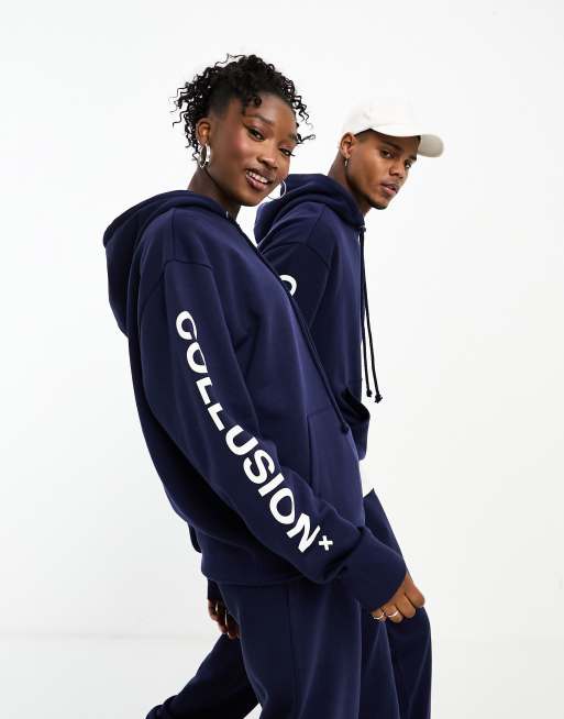 COLLUSION Unisex Kapuzenpullover in Marineblau mit Logo Print ASOS