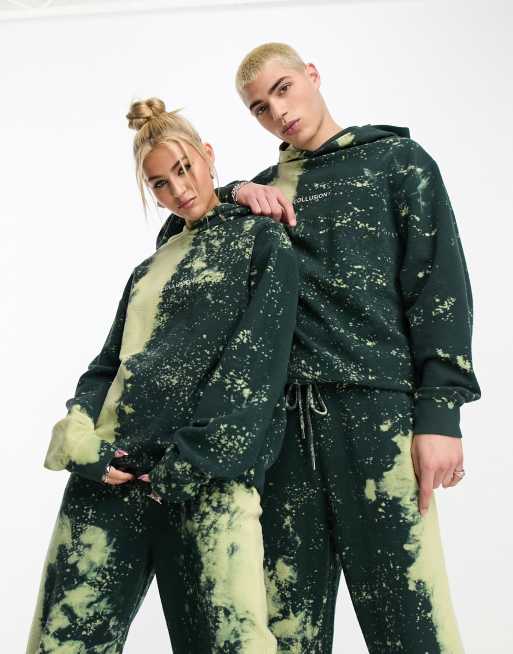 COLLUSION Unisex – Kapuzenpullover in mehrfarbiger Acid-Waschung mit Logoprint