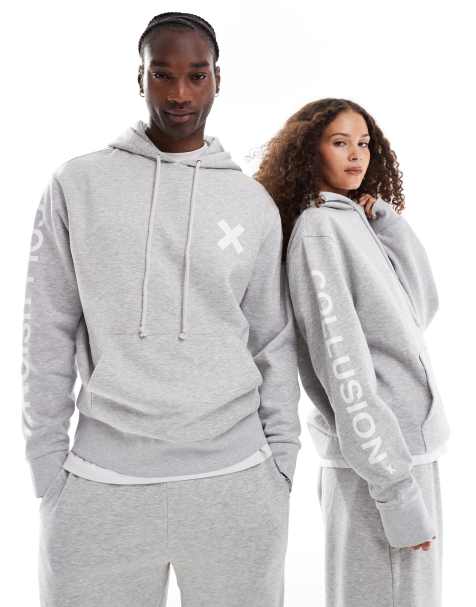 COLLUSION Unisex – Kapuzenpullover in meliertem Grau mit Logo, Kombiteil - view 1