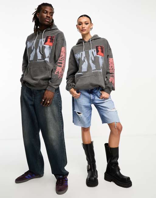 COLLUSION Unisex – Kapuzenpullover in verwaschenem Anthrazit mit Hand-Print 