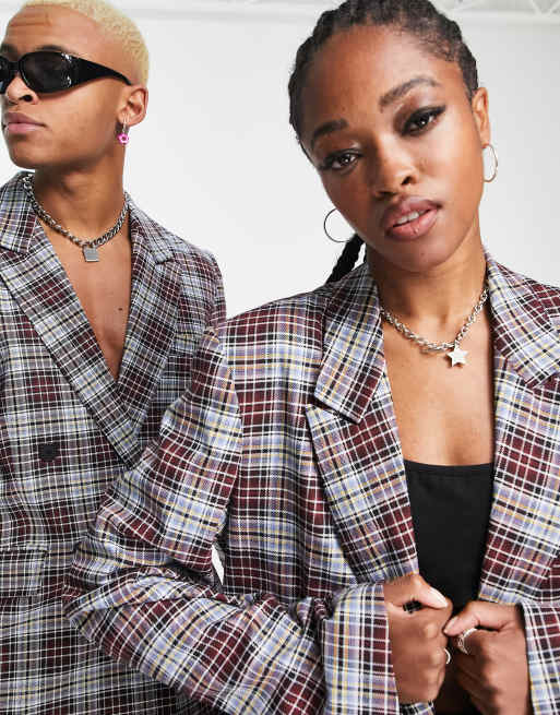 COLLUSION – Unisex – Karierter Oversize-Blazer in Weinrot und Blau, 3 von 4