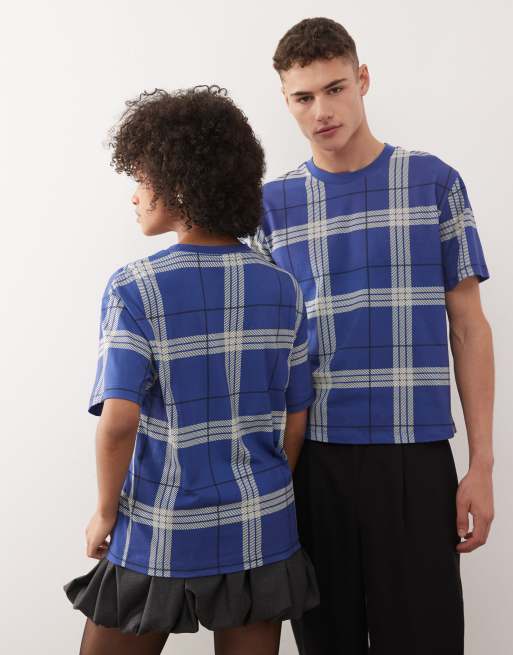 COLLUSION Unisex – Kariertes Slim-Fit-T-Shirt in Blau, 3 von 4