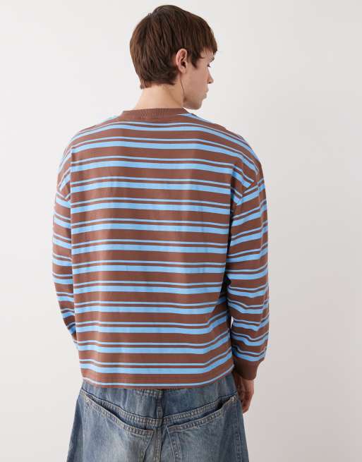COLLUSION Unisex – Kastiges T-Shirt mit Streifen in Braun und Blau, 3 von 4