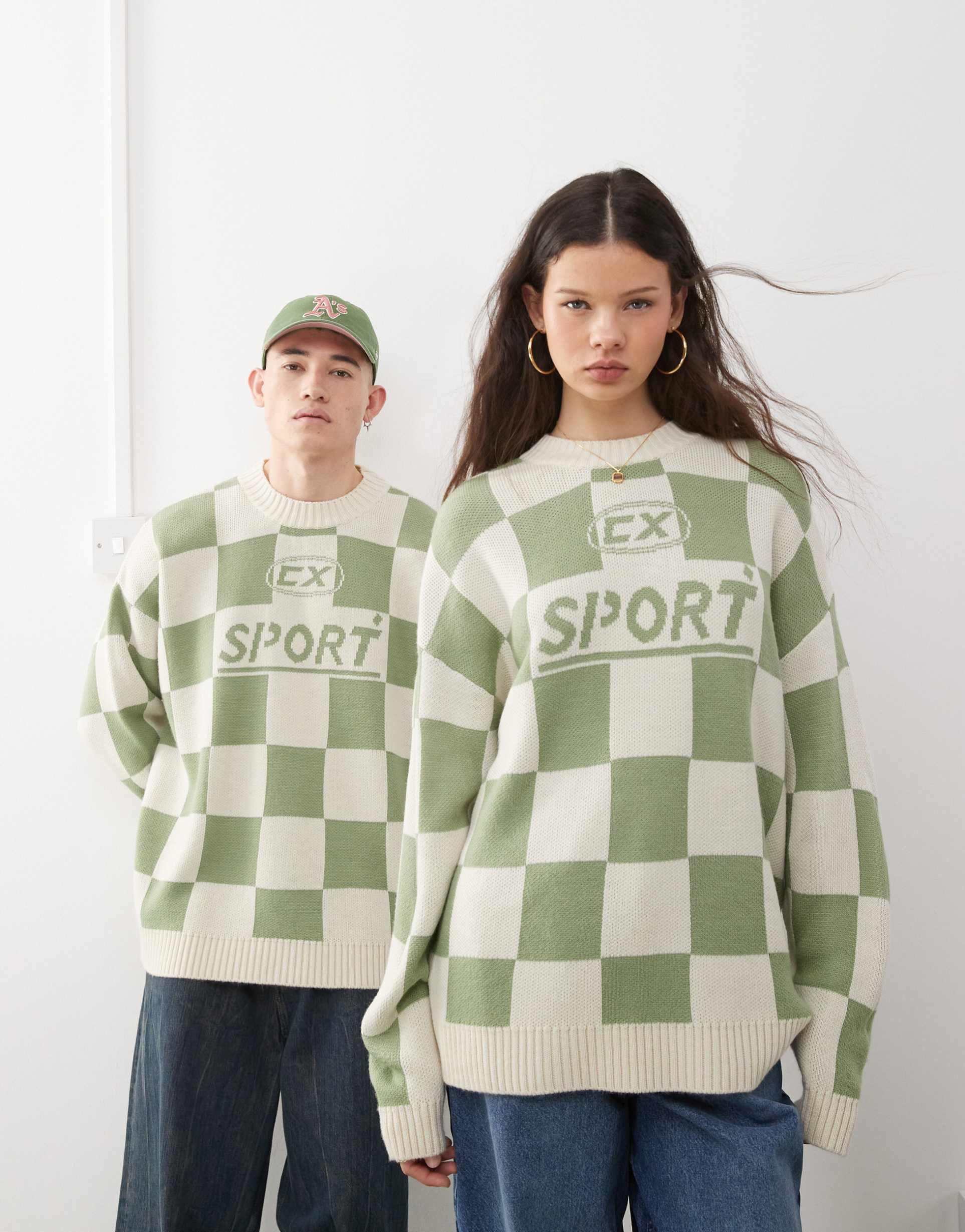 collusion unisex knit checkerboard sweatshirt in green