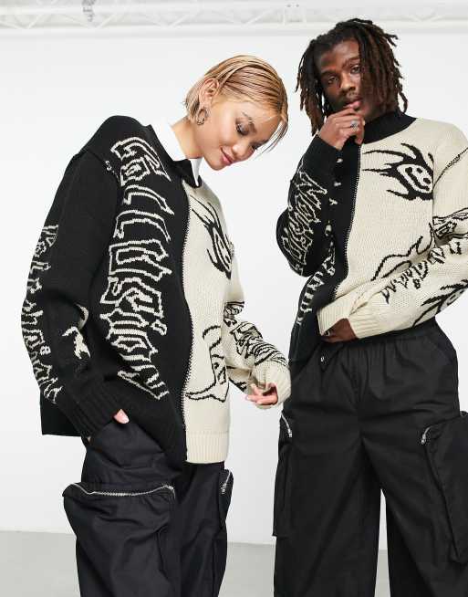COLLUSION Unisex knit jacquard print sweater in black and ecru