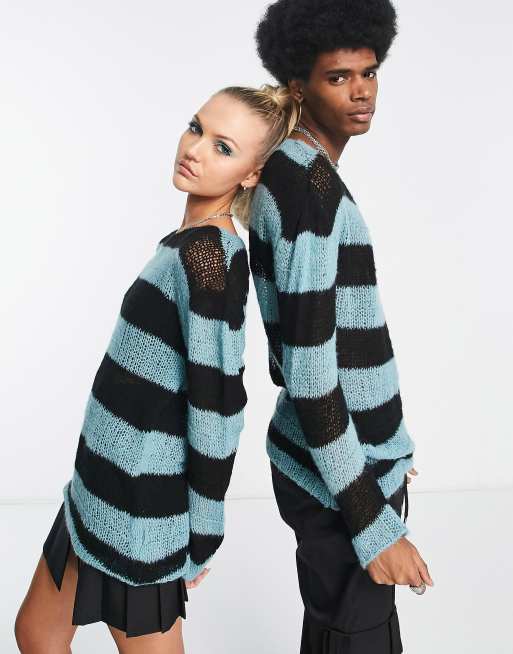 COLLUSION Unisex knit open stitch striped sweater in black and blue