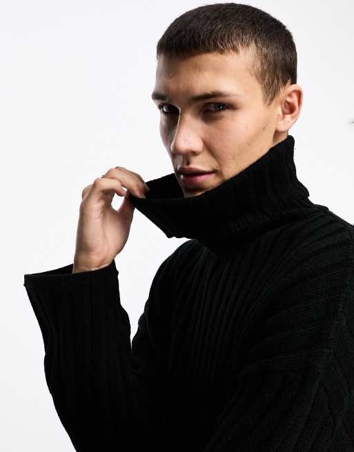 COLLUSION Unisex knit ribbed oversized turtleneck sweater in black