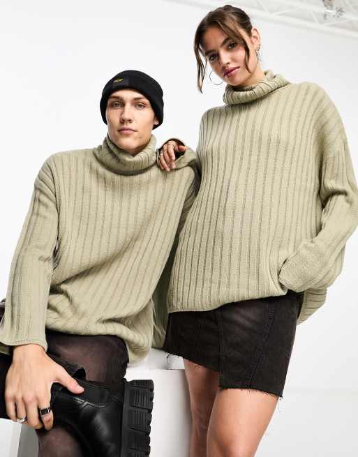 COLLUSION Unisex knit ribbed oversized turtleneck sweater in neutral