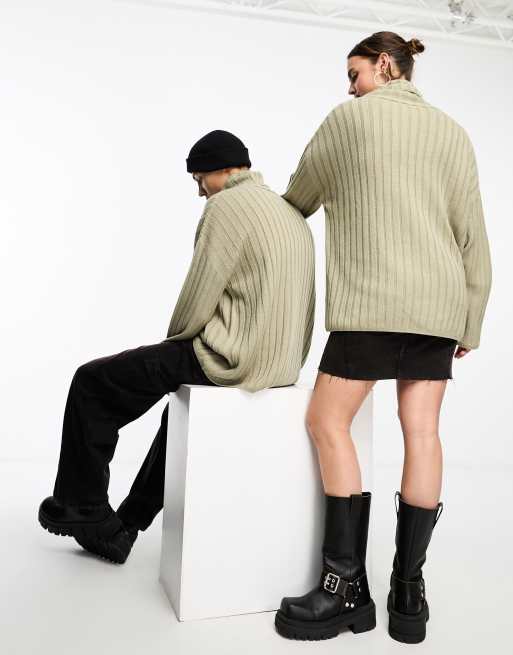 COLLUSION rib knit turtle neck sweater in steely gray