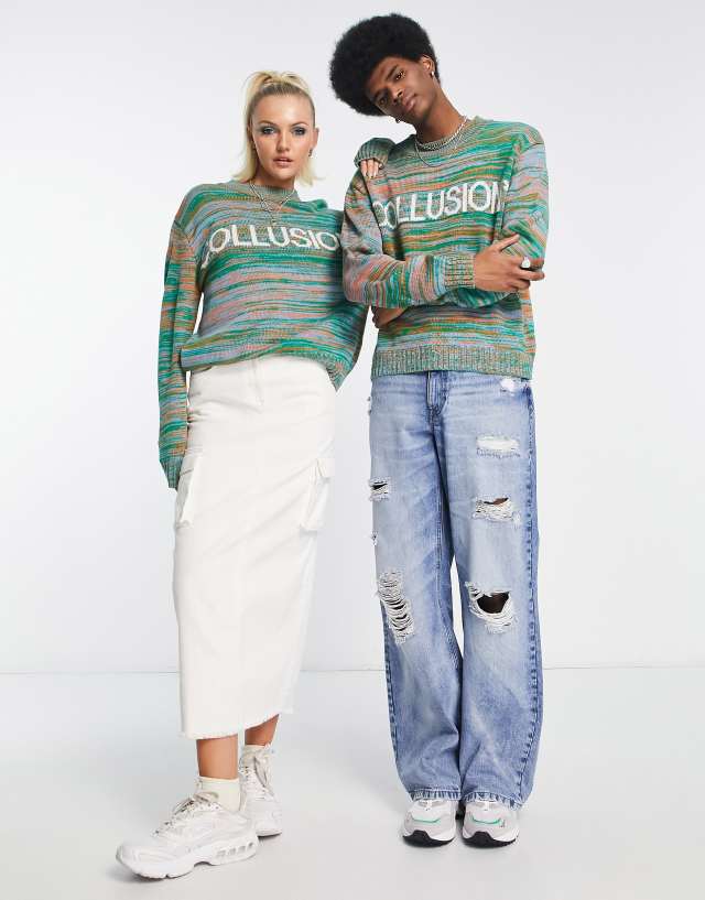 COLLUSION Unisex knit space dye sweater with brand logo